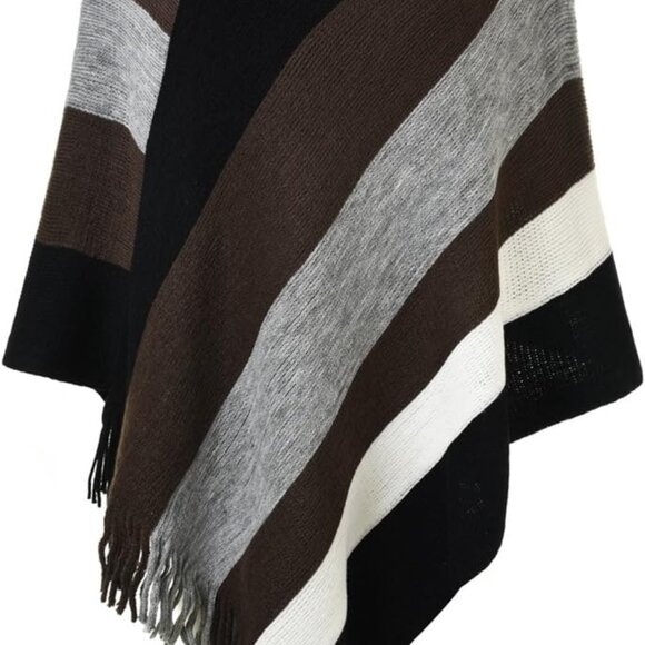 Women's Striped Poncho Sweater Cozy Knit Fringe Shawl Wraps for Fall Winter